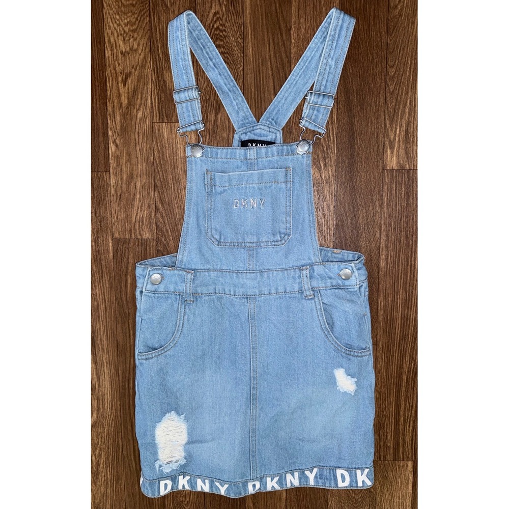 DKNY Denim Overalls Dress Ripped‎ Distressed Logo Girls Size 10